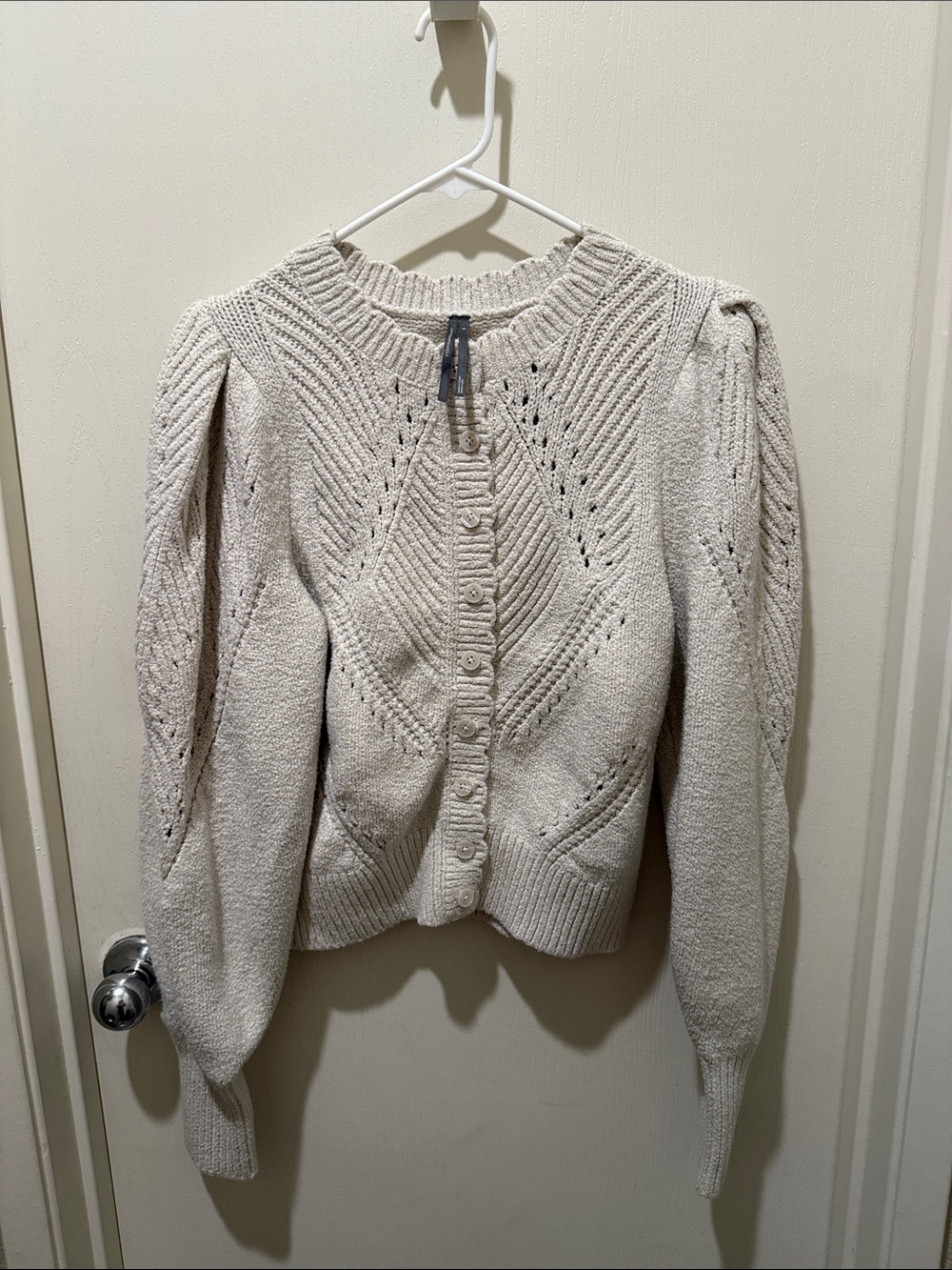 Anthropologie Cream Pointelle Puff-Sleeve Cardigan